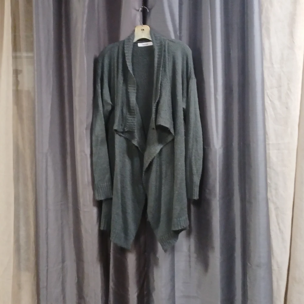JustFab long sweater Size L gray green 20.5 chest, 34 length gently worn